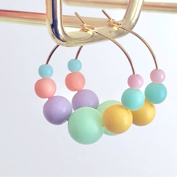 New Handmade Beaded Hoop Earrings Sorbet Pastel Spring Colourful Cute Fun Gifts - Picture 4 of 5